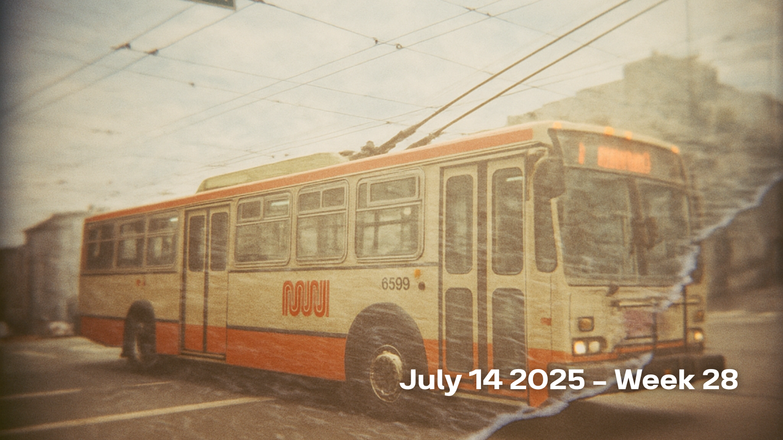 San Francisco Muni bus on California Street with vintage film aesthetic and ocean tide double exposure effect