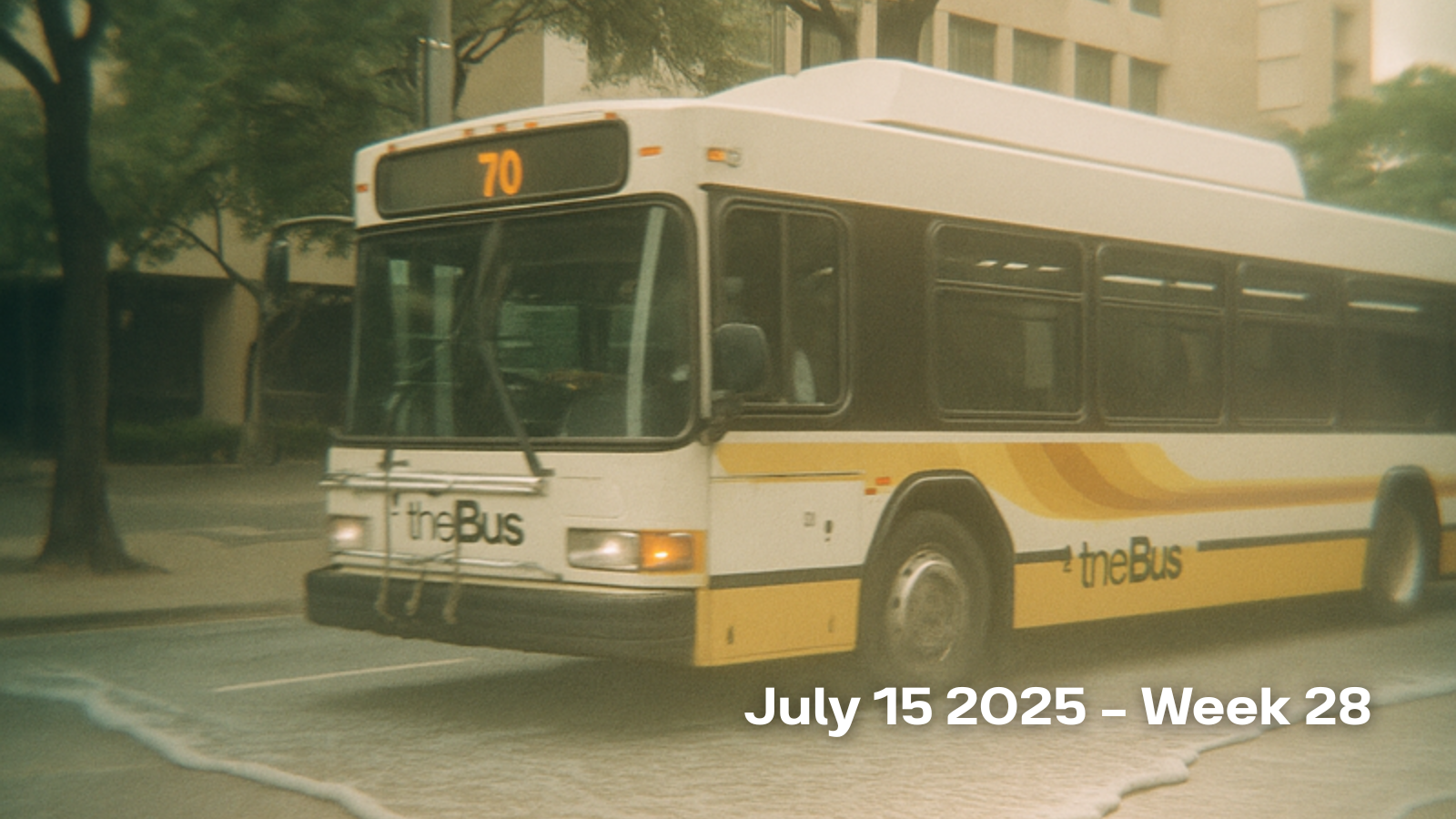 Vintage "theBus" public transit bus with route number 70 on city street, shot with film aesthetic and soft lighting