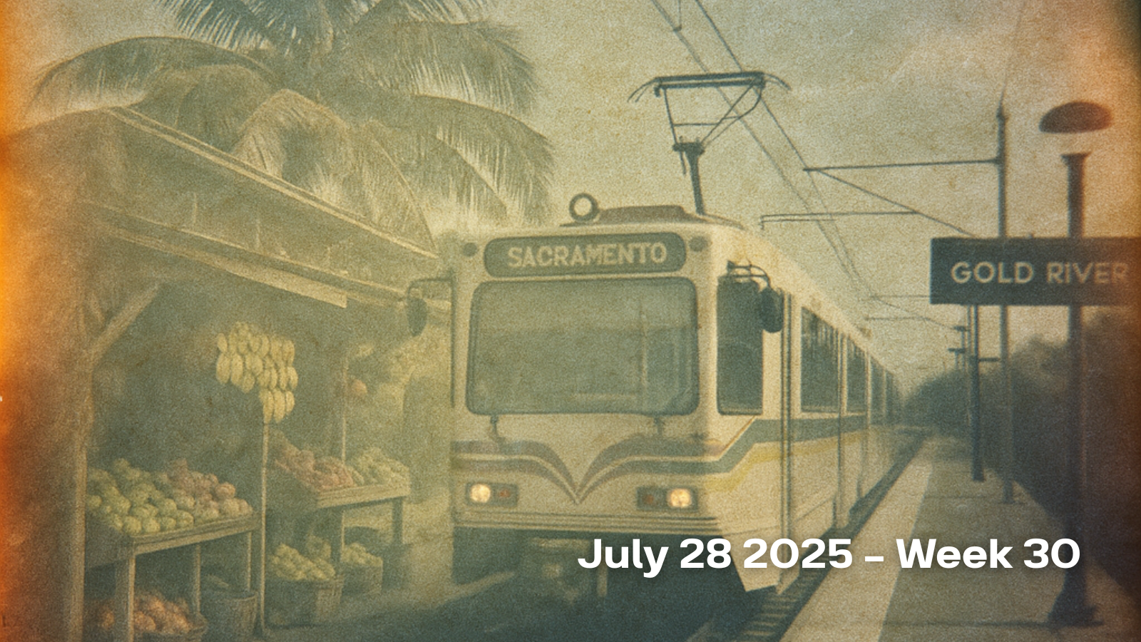 An image of the Sacramento light rail train at the gold river station with a double exposure tropical fruit stand