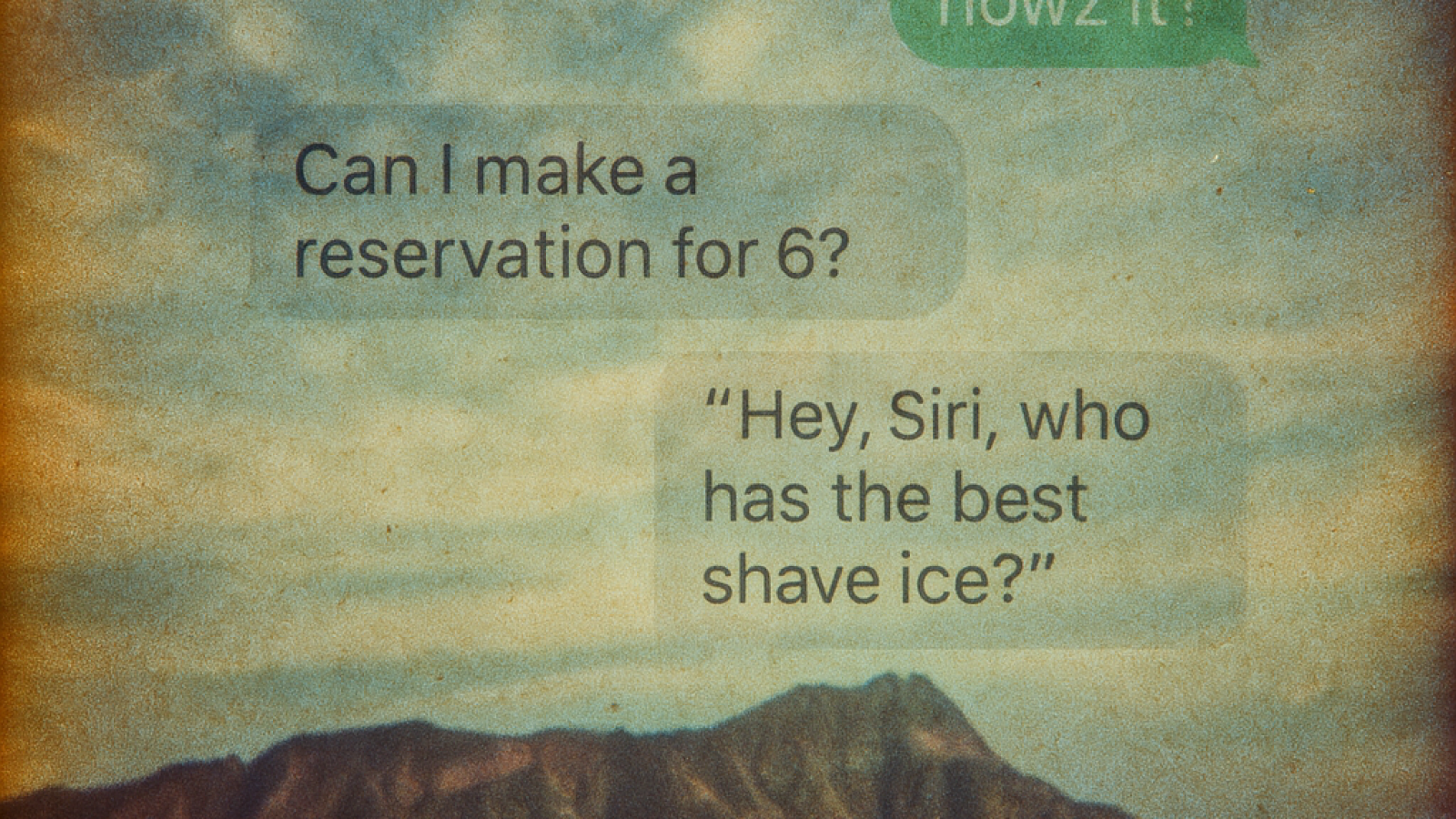 Text messages and voice search overlaid on Diamond Head crater showing how conversational commerce happens in Hawaii 