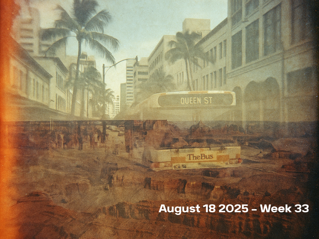 An image of THE BUS on Oahu making a stop on Queen street with double exposure overlay of the grand canyon and August 18 2025 week 33 layover text