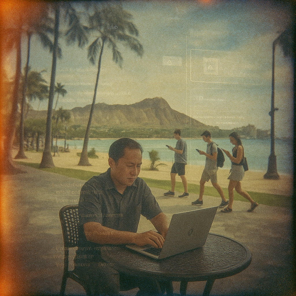 Hawaii business owner working on laptop at Waikiki Beach café with Diamond Head mountain and tourists in background, vintage film style with AI interface overlay