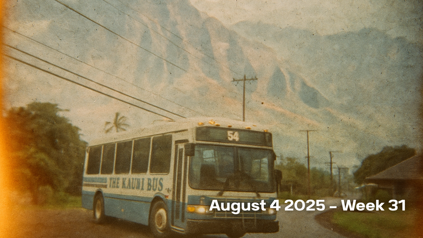 An image of The Kauai Bus stopping in Hanalei with a ghostly overlay of Waimea Canyon in double exposure