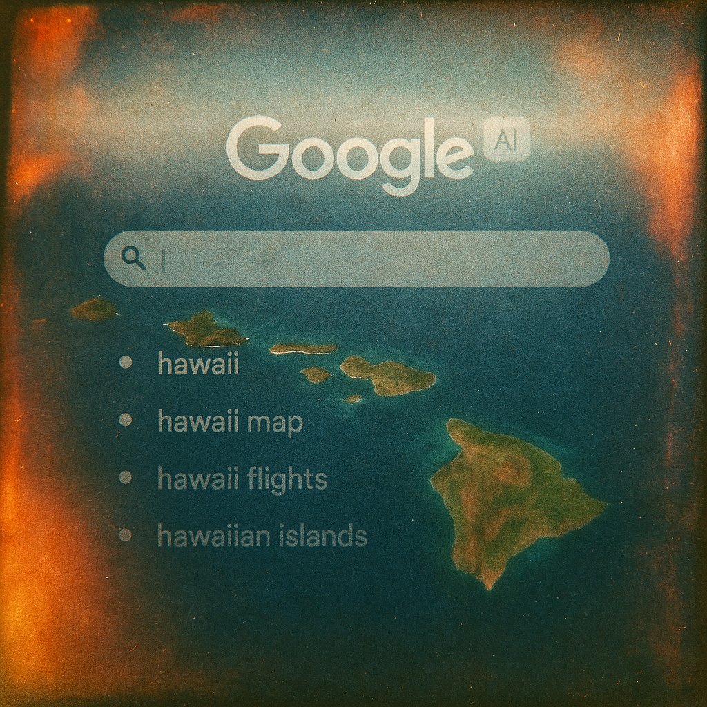 Google AI search interface with Hawaiian islands and generic search suggestions like "hawaii" and "hawaii flights"