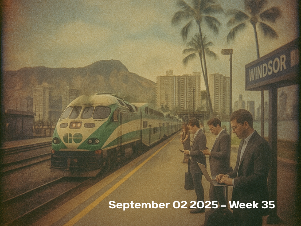 Business professionals at train station platform with September 02 2025 Week 35 text overlay