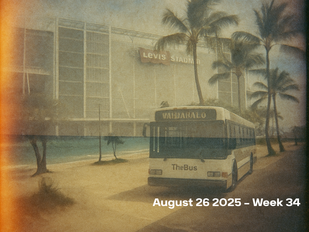 An AI generated image of The Bus on Oahu stopping at Waimanalo beach with a double exposure of Levis Stadium.