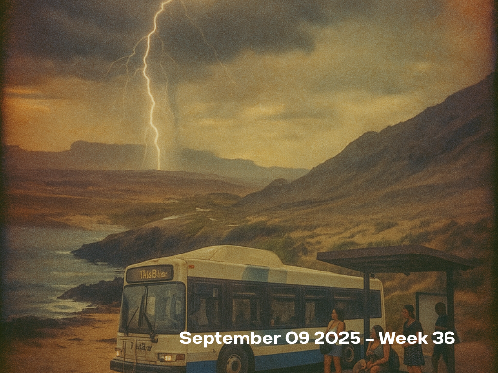 An AI generated vintage image of the bus at Yokohama bay on Oahu with a double exposure of a desert thunderstorm and September 09 2025 - Week 36 text overlay