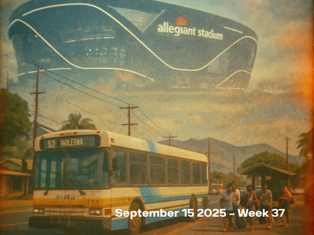 An AI generated image of the bus stopping in Haleiwa with September 15 2025 and Week 37 with a double exposure overlay of Allegiant Stadium. 