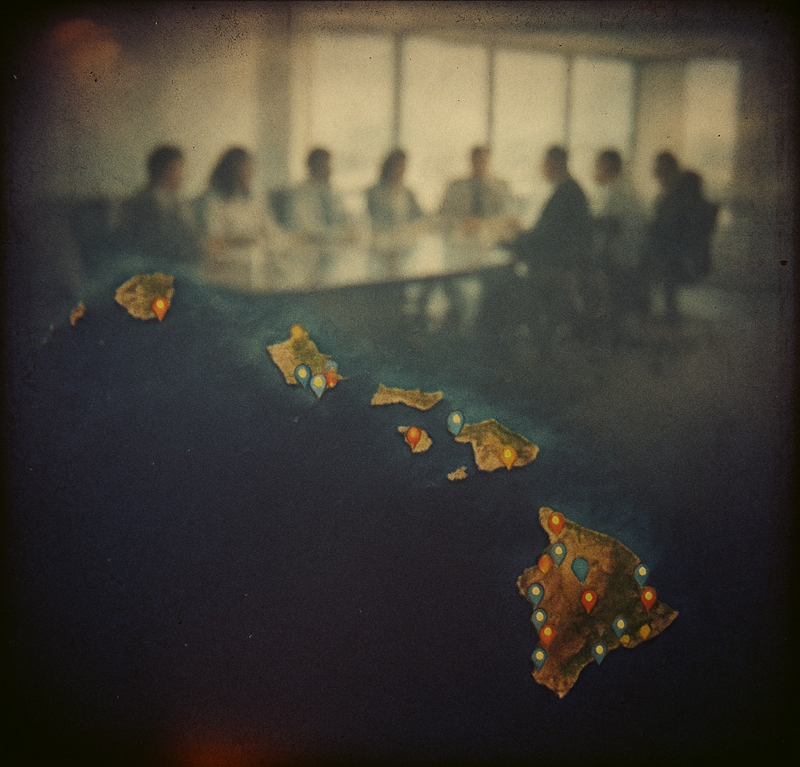 Aerial view of Hawaiian islands with colorful location pins overlaid with ghostly corporate boardroom meeting, showing the disconnect between tourist reality and franchise templates.