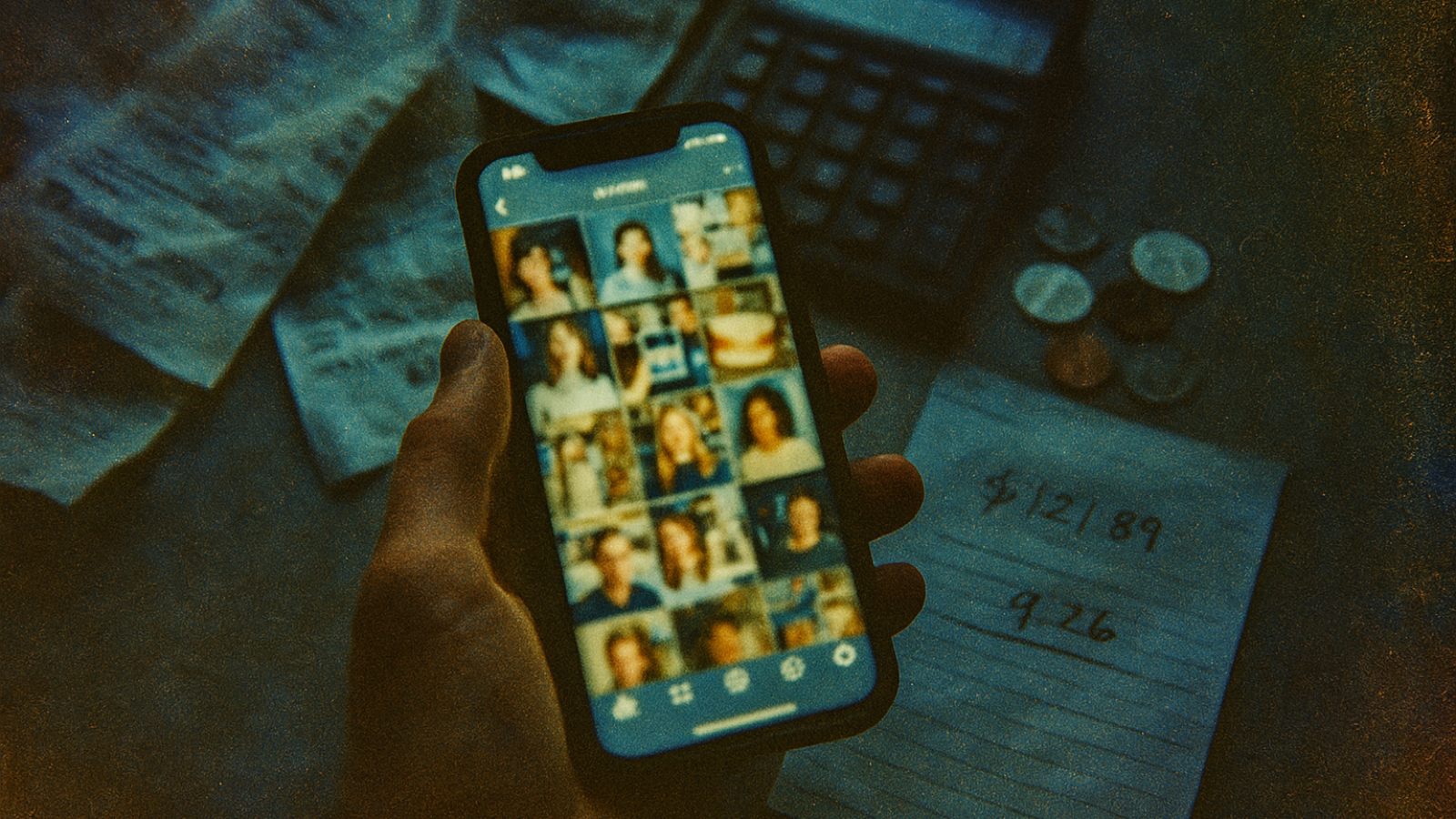 Vintage film photo of hand holding smartphone displaying social media grid of creator faces, surrounded by handwritten notes with dollar amounts on weathered surface
