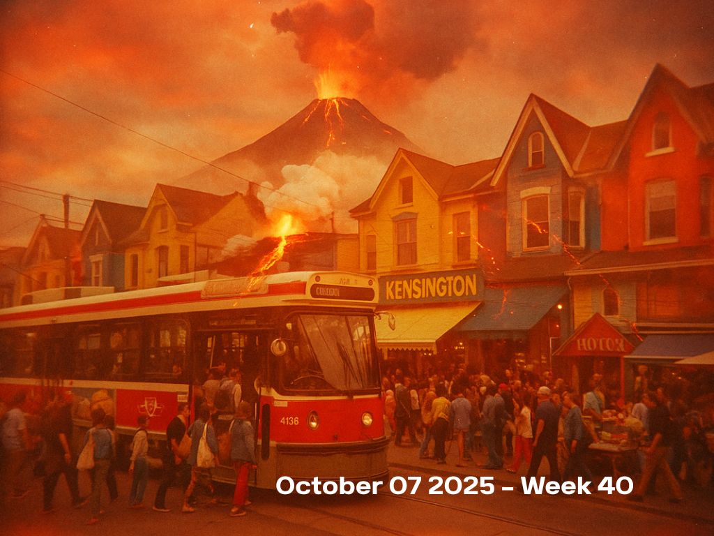Vintage double exposure: Red TTC streetcar at Kensington Market Toronto with Victorian houses overlaid with Big Island Kilauea volcano eruption in orange and sepia film tones