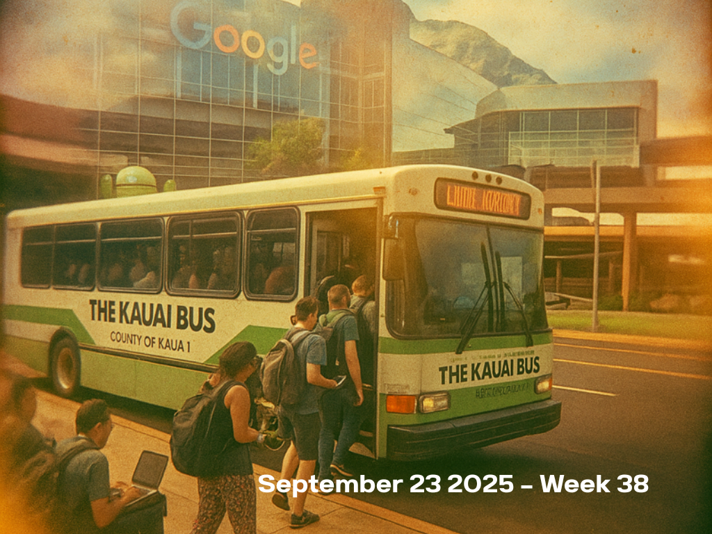  Kauai Bus at airport with Google campus double exposure overlay, vintage film aesthetic