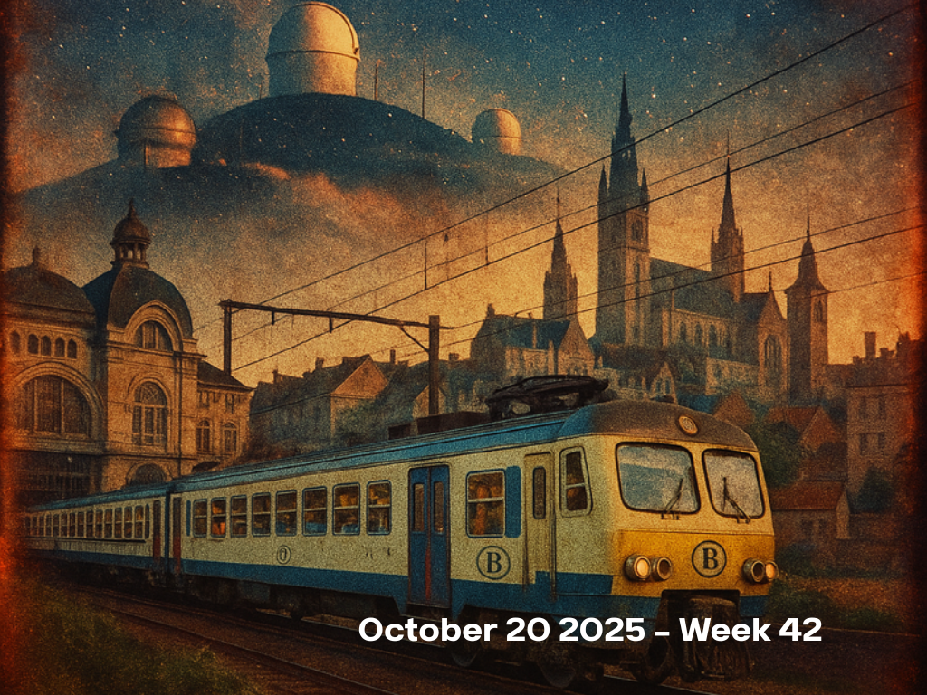 Vintage film photo: Belgian NMBS train with blue/white livery passing Gothic spires, double-exposed with Mauna Kea observatory domes against starry sky—symbolizing converging AI ecosystems.