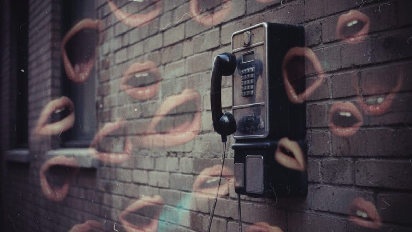 Vintage film photo: pay phone on brick wall with ghostly double-exposed mouths floating around it, suggesting shift from private calls to public conversation