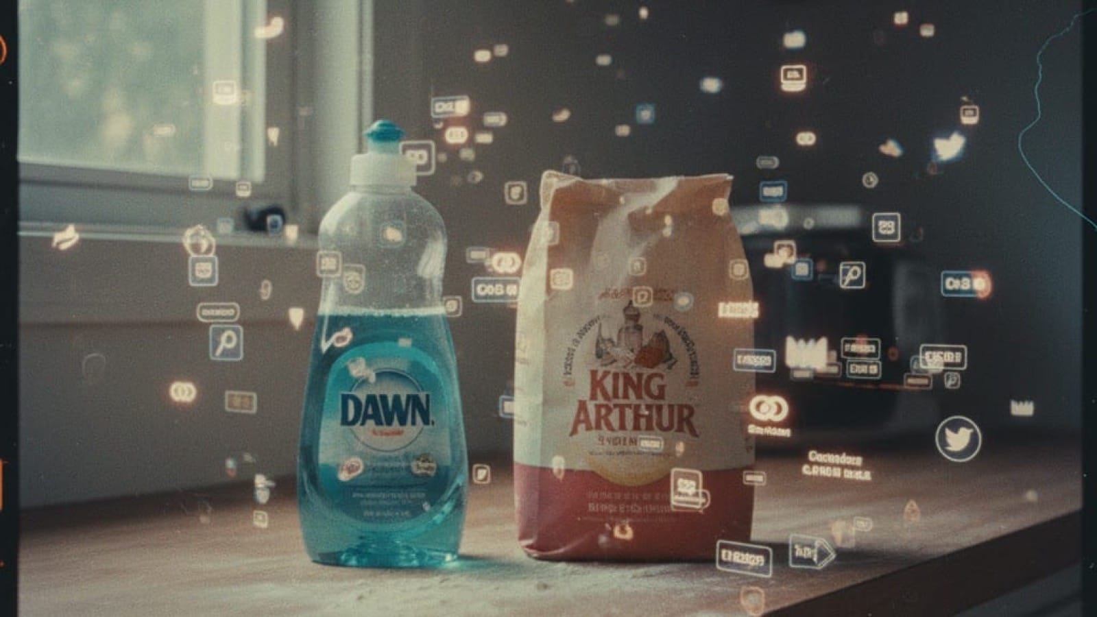 Dawn dish soap and King Arthur flour on kitchen counter with window light, surrounded by floating digital icons and brand logos in double exposure effect