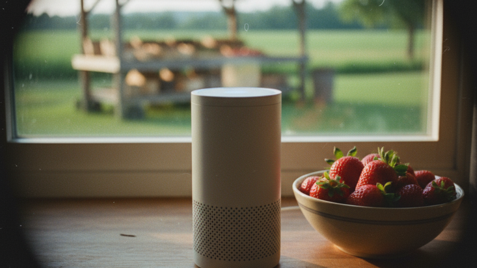 A smart speaker beside a bowl of strawberries on a wooden counter, with a farm stand and fields seen through the window.