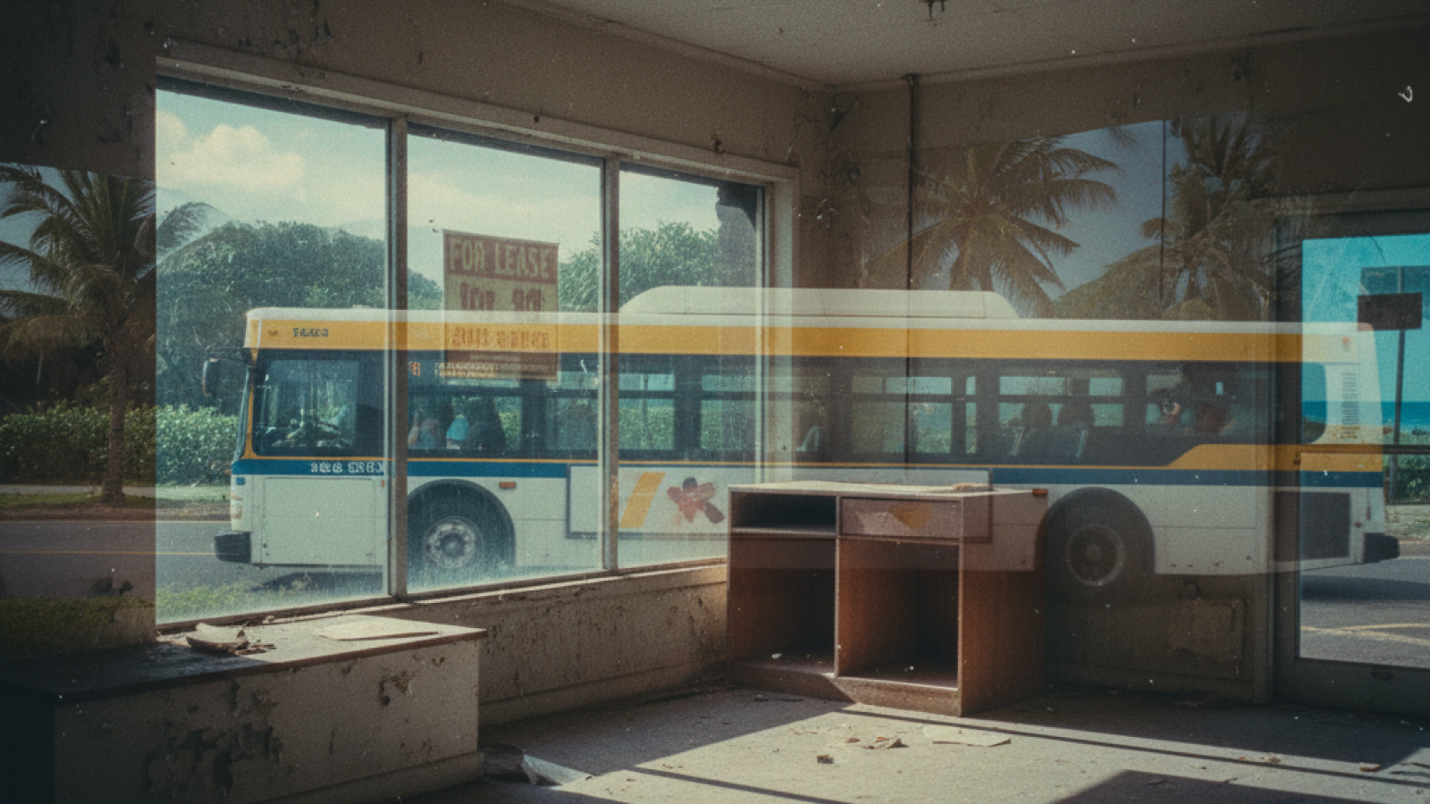 Abandoned Hawaiian storefront with For Lease sign, empty interior with vintage desk, double exposed with TheBus passengers still riding, shot on expired Holga film