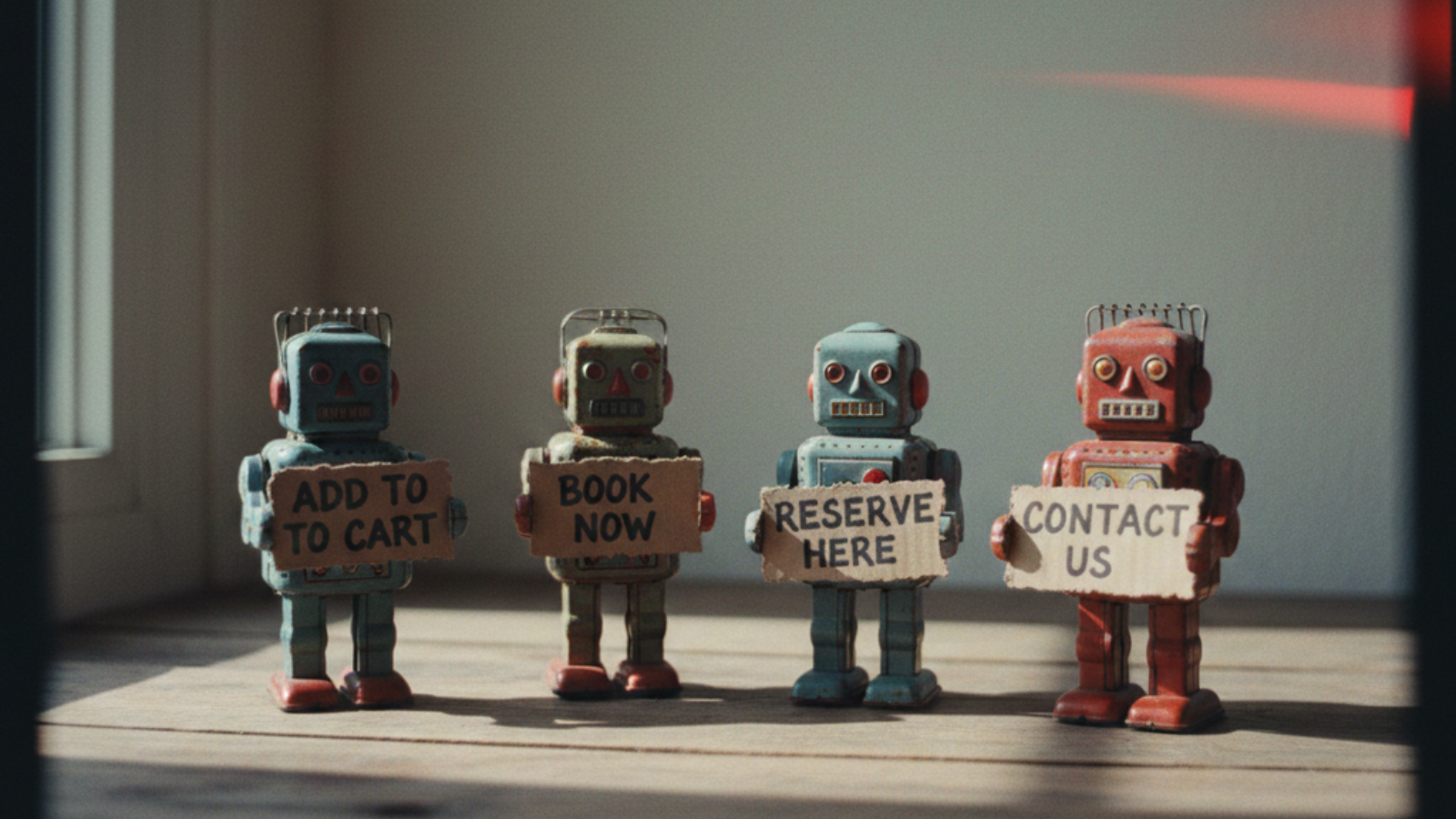 Vintage tin toy robots in a row holding cardboard signs reading "ADD TO CART," "BOOK NOW," "RESERVE HERE," and "CONTACT US" on a wooden surface with natural light